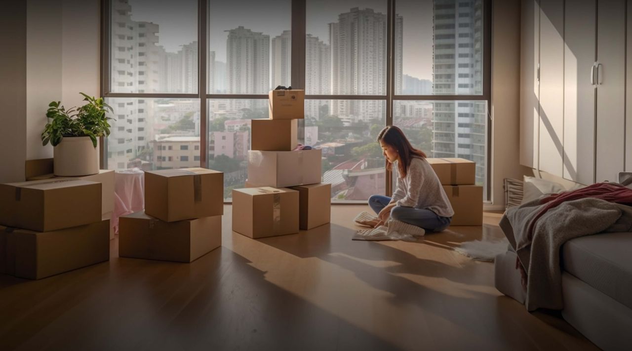Family settling into a Singapore high-rise apartment on moving day